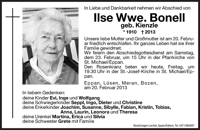  Traueranzeige für Ilse Bonell vom 22.02.2013 aus Dolomiten