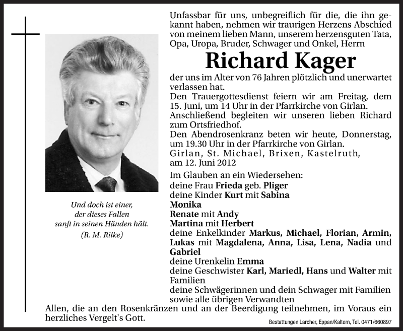  Traueranzeige für Richard Kager vom 14.06.2012 aus Dolomiten