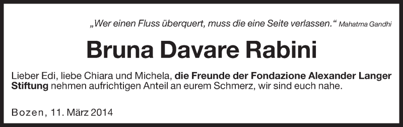  Traueranzeige für Bruna Davare Rabini vom 12.03.2014 aus Dolomiten