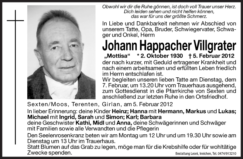  Traueranzeige für Johann Happacher Villgrater vom 06.02.2012 aus Dolomiten