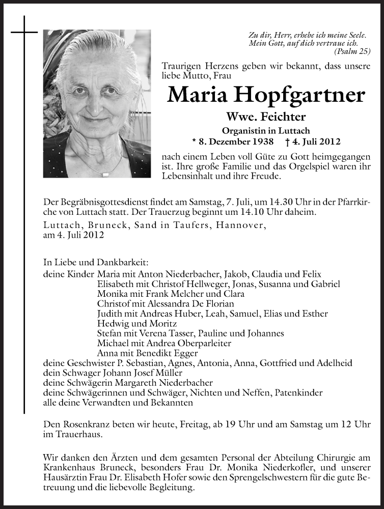  Traueranzeige für Maria Feichter vom 06.07.2012 aus Dolomiten