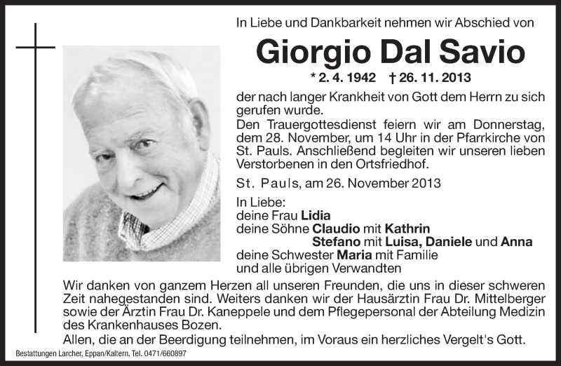  Traueranzeige für Giorgio Dal Savio vom 27.11.2013 aus Dolomiten