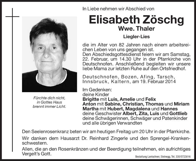  Traueranzeige für Elisabeth Thaler vom 21.02.2014 aus Dolomiten