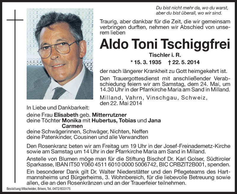  Traueranzeige für Aldo Toni Tschiggfrei vom 23.05.2014 aus Dolomiten