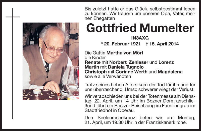  Traueranzeige für Gottfried Mumelter vom 17.04.2014 aus Dolomiten