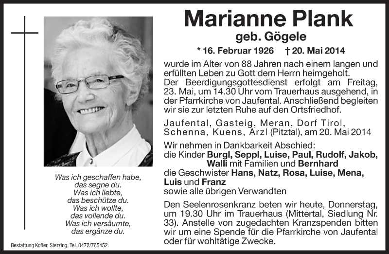  Traueranzeige für Marianne Plank vom 22.05.2014 aus Dolomiten