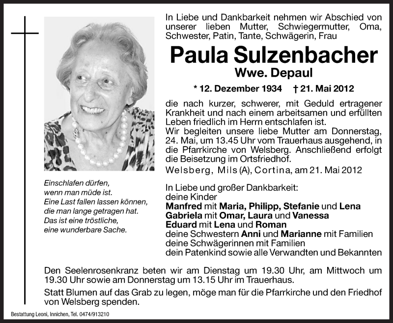  Traueranzeige für Paula Depaul vom 22.05.2012 aus Dolomiten