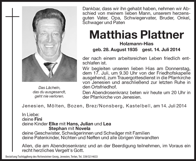  Traueranzeige für Matthias Plattner vom 16.07.2014 aus Dolomiten