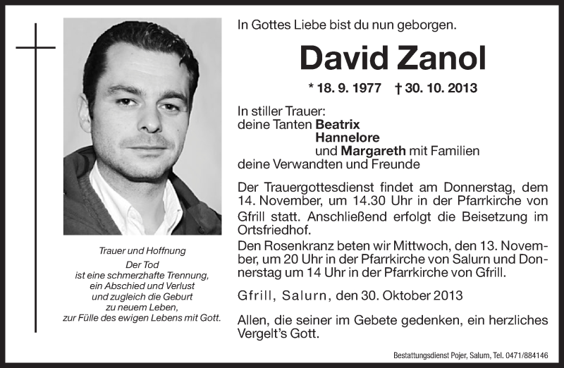  Traueranzeige für David Zanol vom 12.11.2013 aus Dolomiten