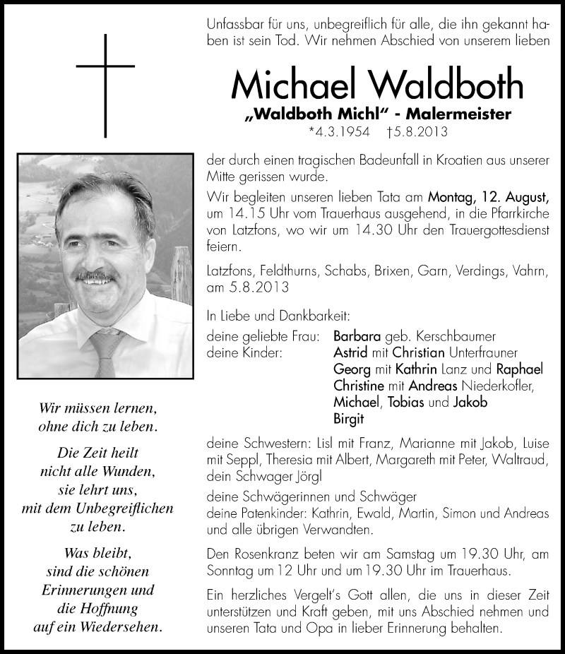  Traueranzeige für Michael Waldboth vom 09.08.2013 aus Dolomiten