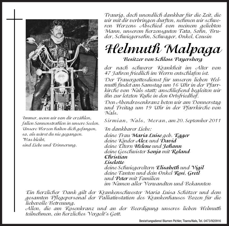  Traueranzeige für Helmuth Malpaga vom 22.09.2011 aus Dolomiten