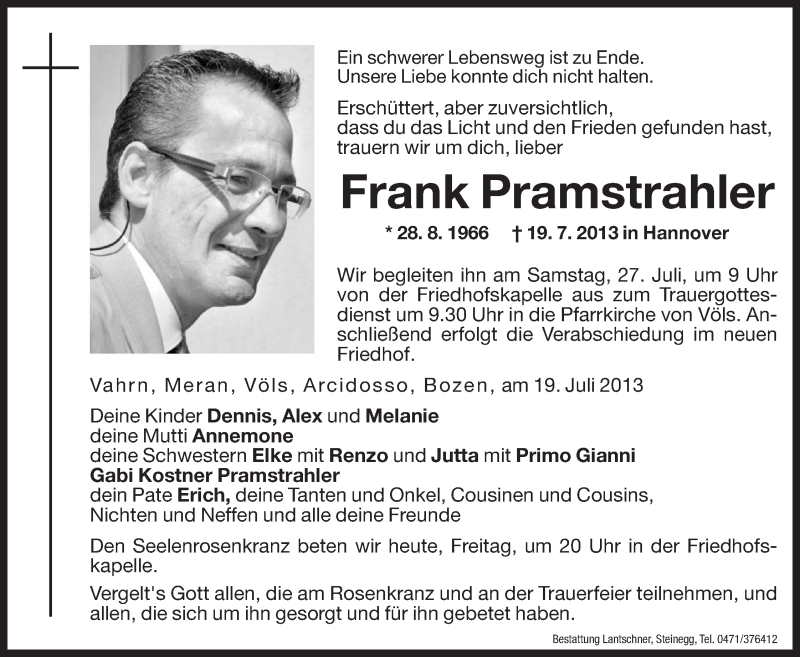  Traueranzeige für Frank Pramstrahler vom 26.07.2013 aus Dolomiten