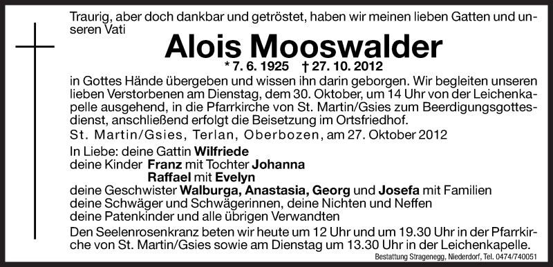  Traueranzeige für Alois Mooswalder vom 29.10.2012 aus Dolomiten