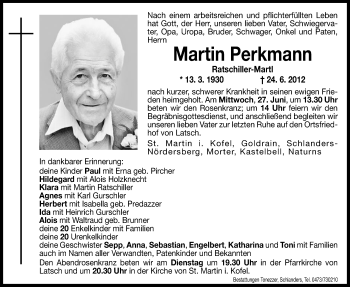 Traueranzeige von Martin Perkmann von Dolomiten