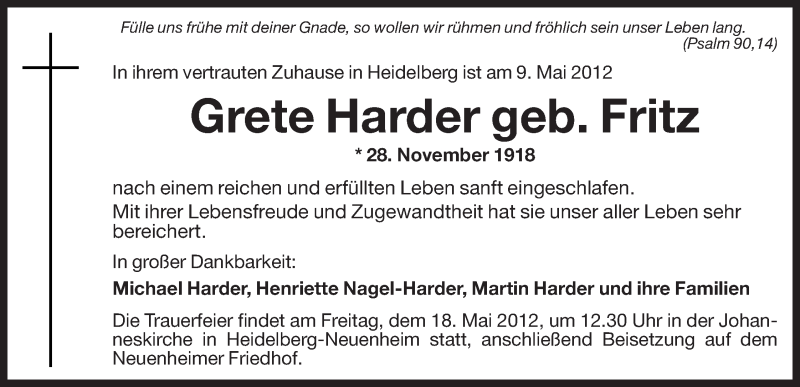  Traueranzeige für Grete Harder vom 15.05.2012 aus Dolomiten