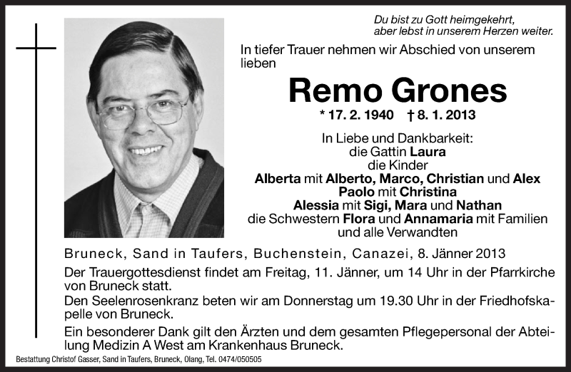  Traueranzeige für Remo Grones vom 10.01.2013 aus Dolomiten