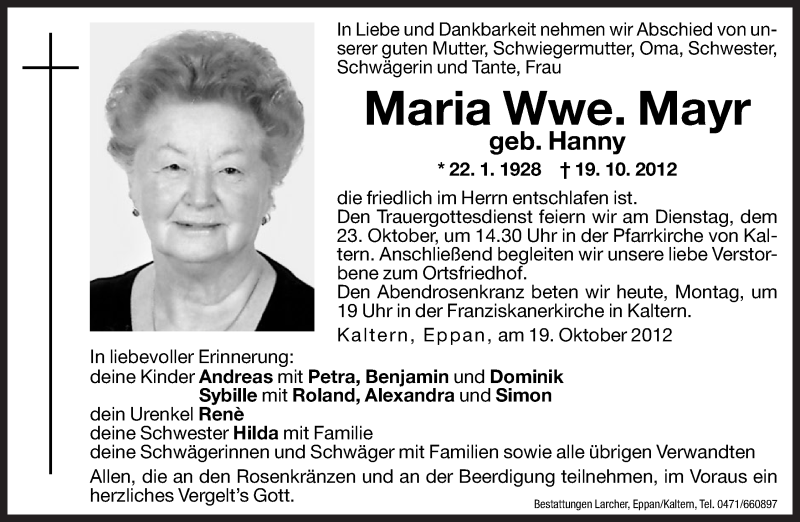  Traueranzeige für Maria Mayr vom 22.10.2012 aus Dolomiten