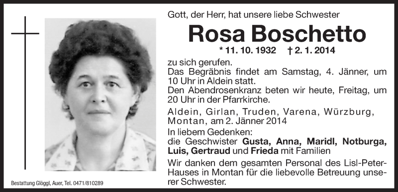  Traueranzeige für Rosa Boschetto vom 03.01.2014 aus Dolomiten