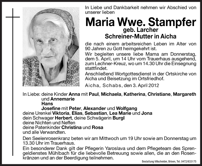  Traueranzeige für Maria Stampfer vom 04.04.2012 aus Dolomiten