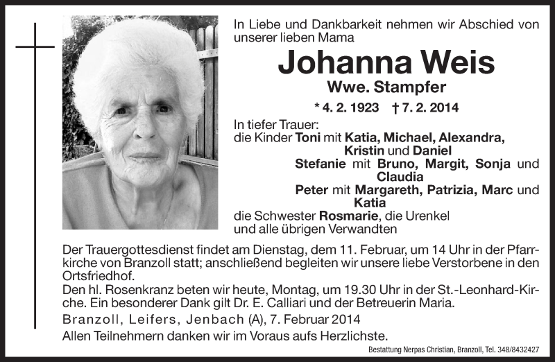  Traueranzeige für Johanna Stampfer vom 10.02.2014 aus Dolomiten