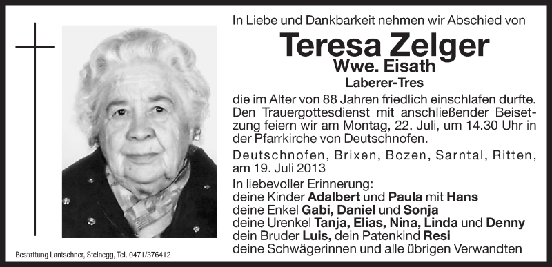  Traueranzeige für Teresa Eisath vom 22.07.2013 aus Dolomiten