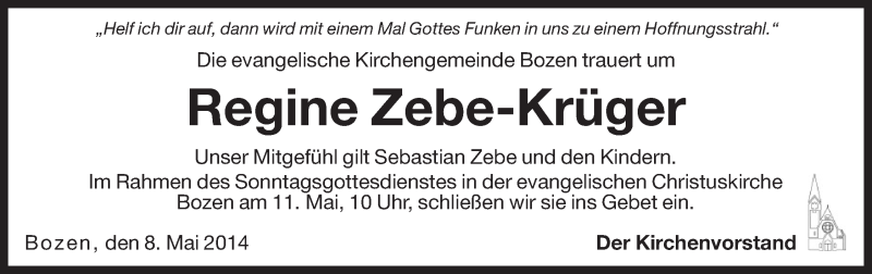  Traueranzeige für Regine Zebe-Krüger vom 08.05.2014 aus Dolomiten