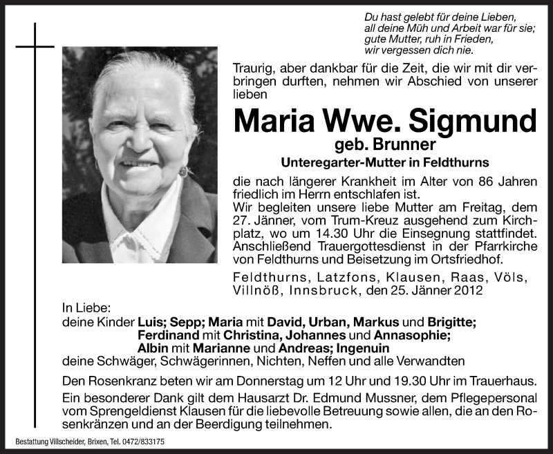  Traueranzeige für Maria Siegmund vom 26.01.2012 aus Dolomiten