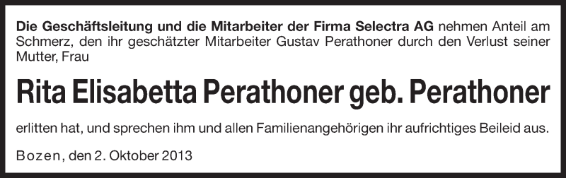  Traueranzeige für Rita Elisabetta Perathoner vom 03.10.2013 aus Dolomiten