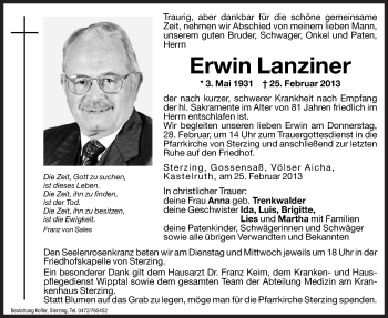 Traueranzeige von Erwin Lanziner von Dolomiten