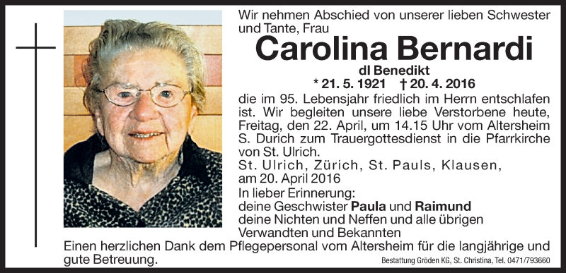  Traueranzeige für Carolina Bernardi vom 22.04.2016 aus Dolomiten