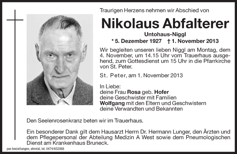  Traueranzeige für Nikolaus Abfalterer vom 02.11.2013 aus Dolomiten