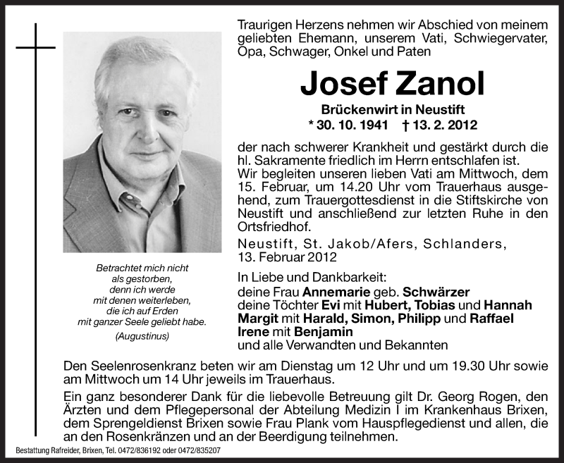  Traueranzeige für Josef Zanol vom 14.02.2012 aus Dolomiten