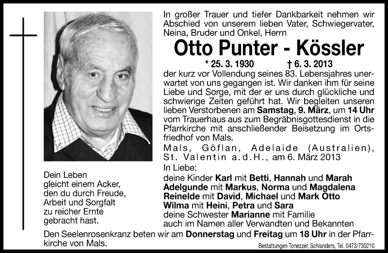  Traueranzeige für Otto Punter-Kössler vom 07.03.2013 aus Dolomiten