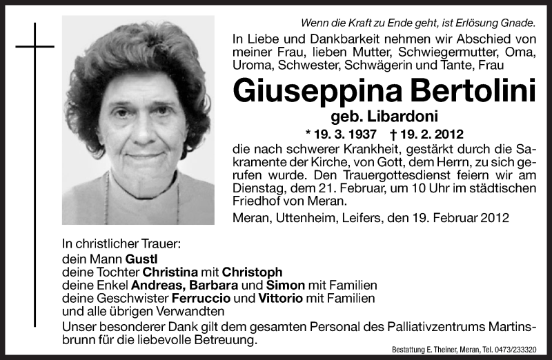  Traueranzeige für Giuseppina Bertolini vom 20.02.2012 aus Dolomiten