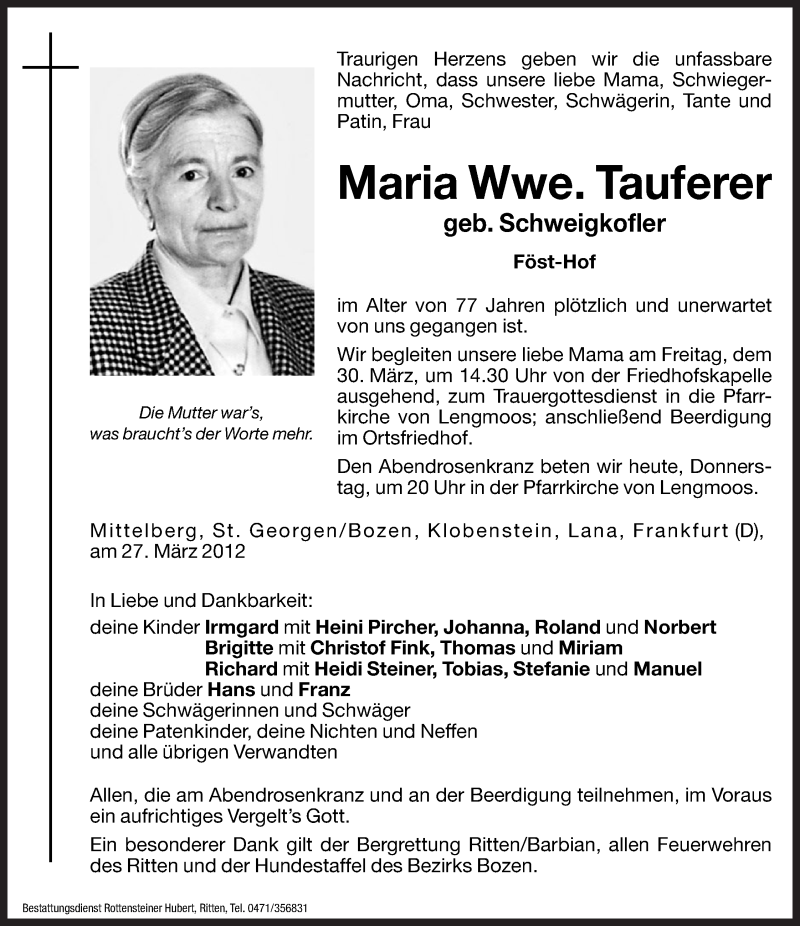  Traueranzeige für Maria Tauferer vom 29.03.2012 aus Dolomiten