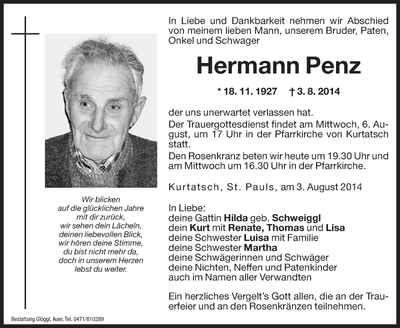  Traueranzeige für Hermann Penz vom 05.08.2014 aus Dolomiten