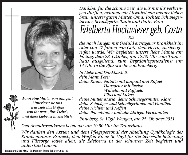  Traueranzeige für Edelberta Hochwieser vom 27.10.2011 aus Dolomiten