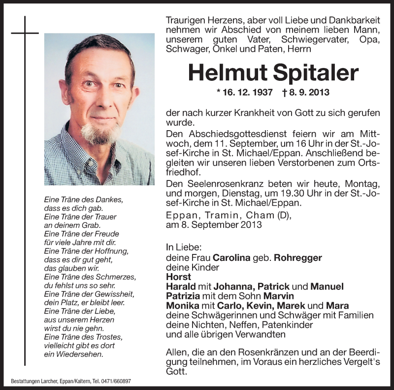  Traueranzeige für Helmut Spitaler vom 09.09.2013 aus Dolomiten