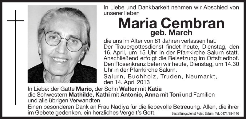  Traueranzeige für Maria Cembran vom 16.04.2013 aus Dolomiten