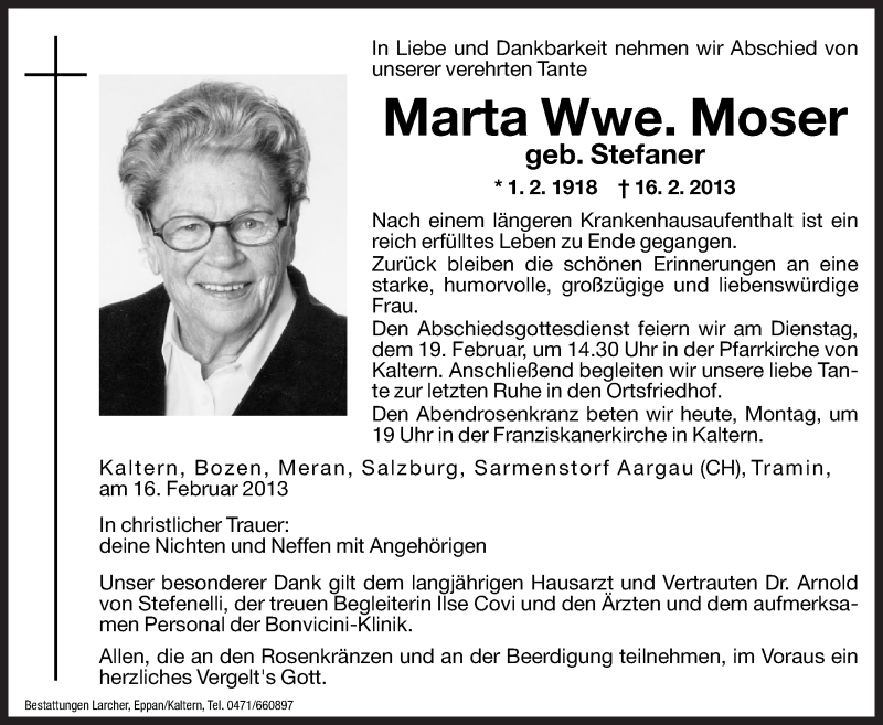  Traueranzeige für Marta Moser vom 18.02.2013 aus Dolomiten