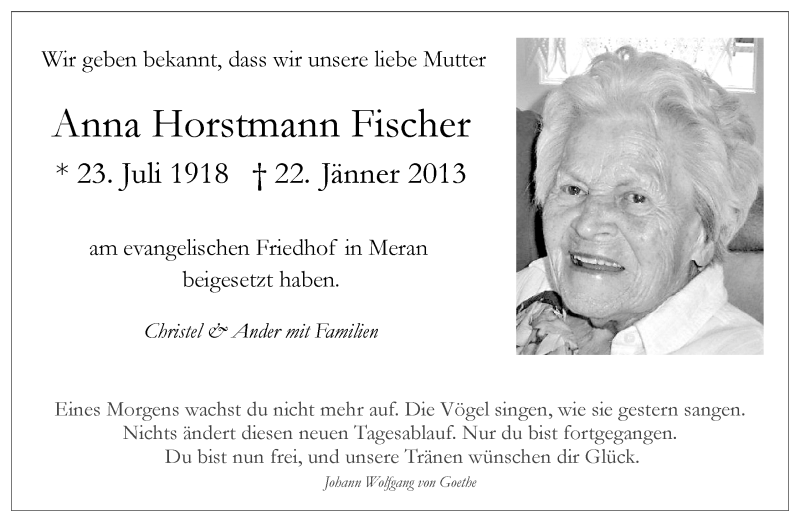  Traueranzeige für Anna Horstmann Fischer vom 28.01.2013 aus Dolomiten