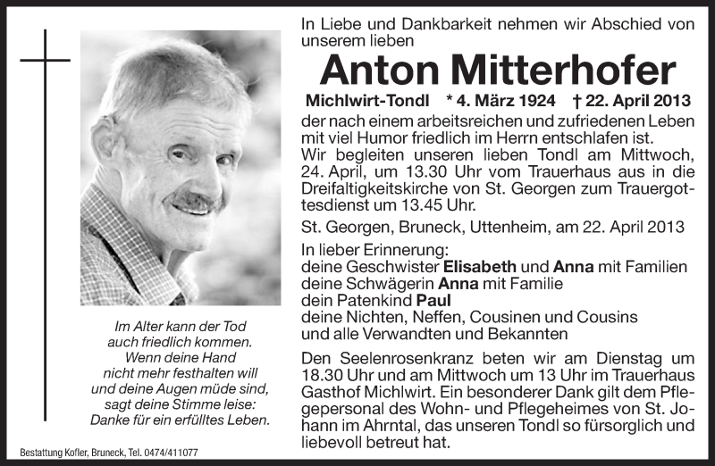  Traueranzeige für Anton Mitterhofer vom 23.04.2013 aus Dolomiten