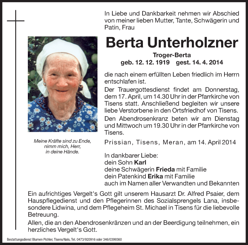  Traueranzeige für Berta Unterholzner vom 15.04.2014 aus Dolomiten