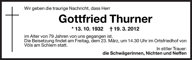  Traueranzeige für Gottfried Thurner vom 22.03.2012 aus Dolomiten