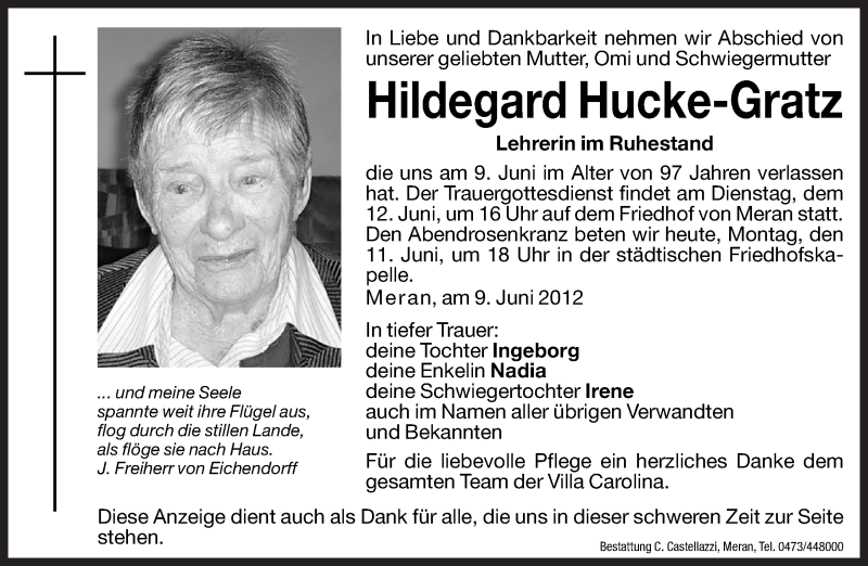  Traueranzeige für Hildegard Hucke-Gratz vom 11.06.2012 aus Dolomiten