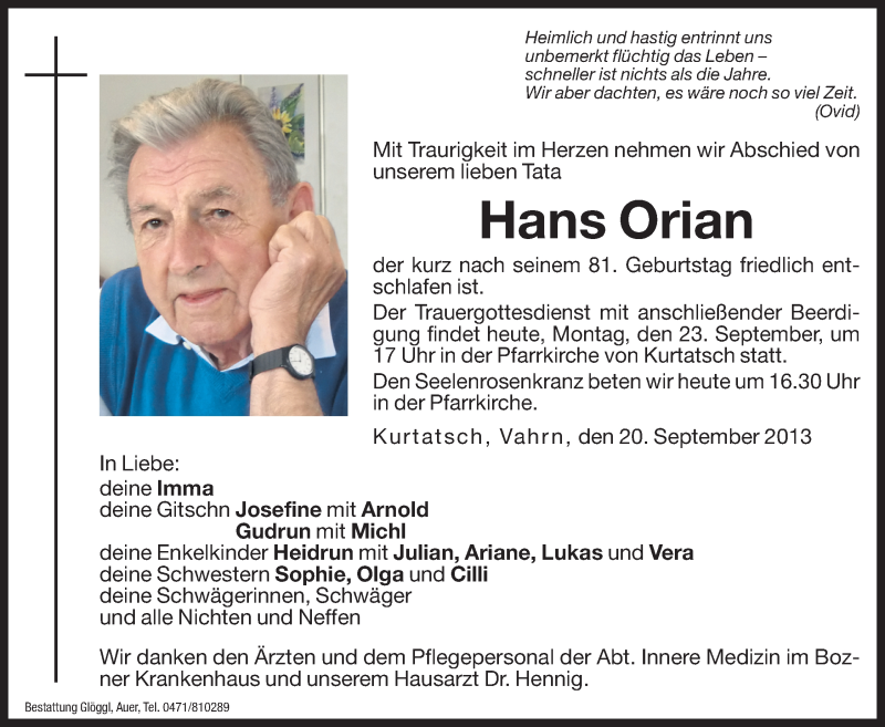  Traueranzeige für Hans Orian vom 23.09.2013 aus Dolomiten