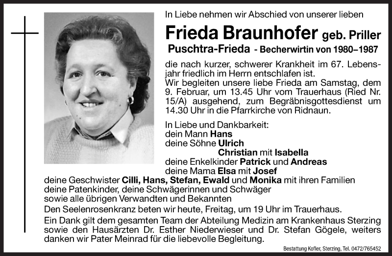  Traueranzeige für Frieda Braunhofer vom 08.02.2013 aus Dolomiten