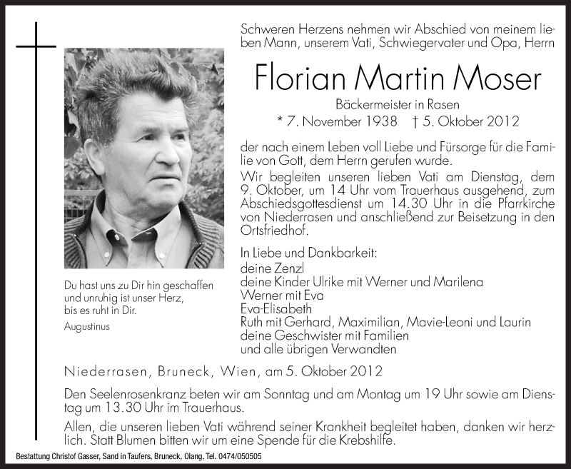  Traueranzeige für Florian Martin Moser vom 06.10.2012 aus Dolomiten