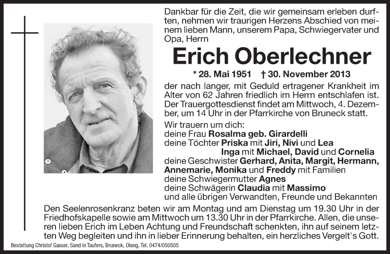  Traueranzeige für Erich Oberlechner vom 02.12.2013 aus Dolomiten