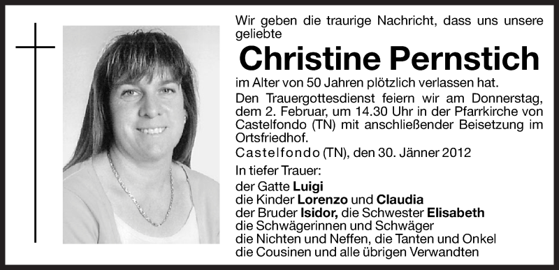  Traueranzeige für Christine Pernstich vom 01.02.2012 aus Dolomiten